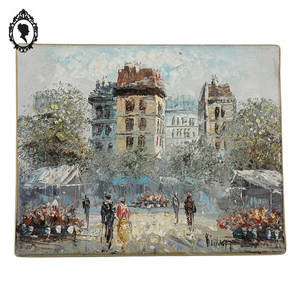 Petite toile tableau peinture à l’huile marché aux fleurs signé Burnett vintage