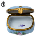 Pilulier boite romantique bleue fleurie dorée porcelaine vintage