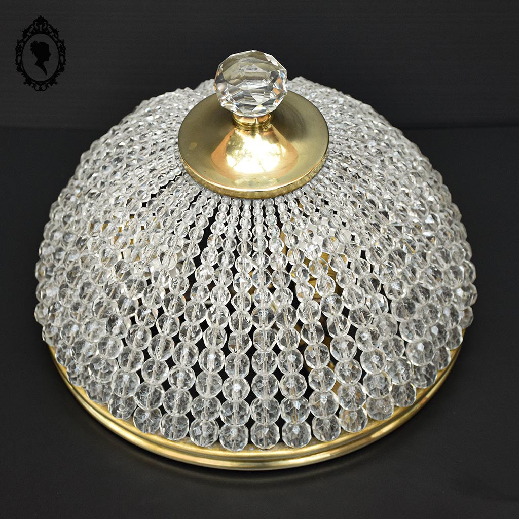 Plafonnier lustre art déco guirlandes de perles pointe diamant cristal laiton ancien