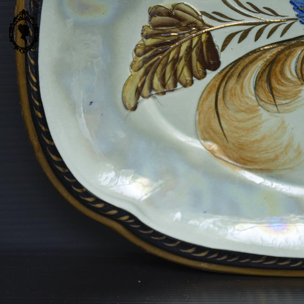 Plat oiseau en faïence style barbotine vert nacré H. Bequet Belgique L 33 cm vintage