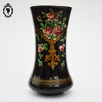 Rare paire de vases en opaline noire fleurs émaillées anciens début XXème
