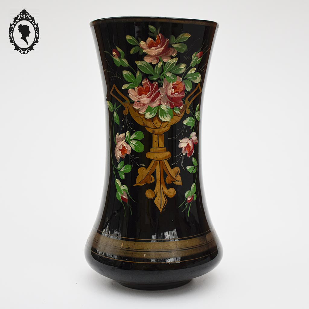 Rare paire de vases en opaline noire fleurs émaillées anciens début XXème