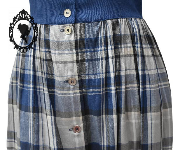 Robe longue à carreaux bleu blanc gris coton lin vintage T 38 40