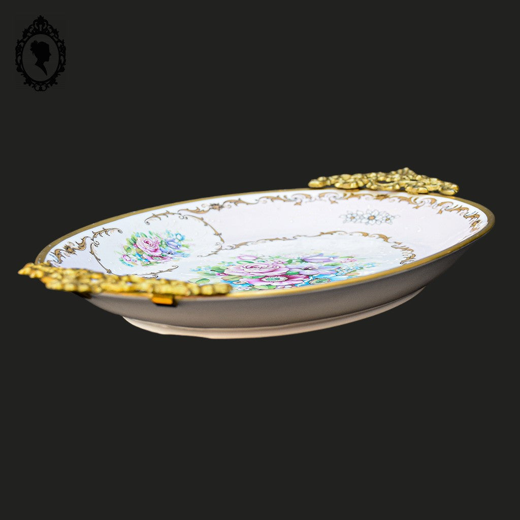 Romantique plat ovale fleuri porcelaine de Limoges rose poignées laiton Burroughs ancien