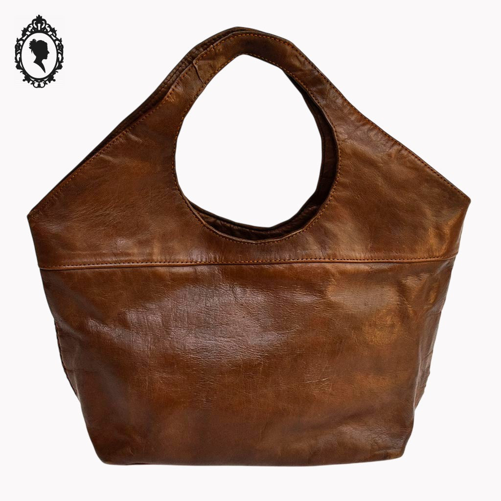 Sac cabas cuir cognac marron devant tressé vintage