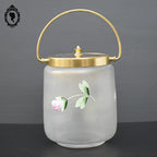 Sceau pot à biscuits verre mat fleur émaillée rose jaune vert ancien art nouveau