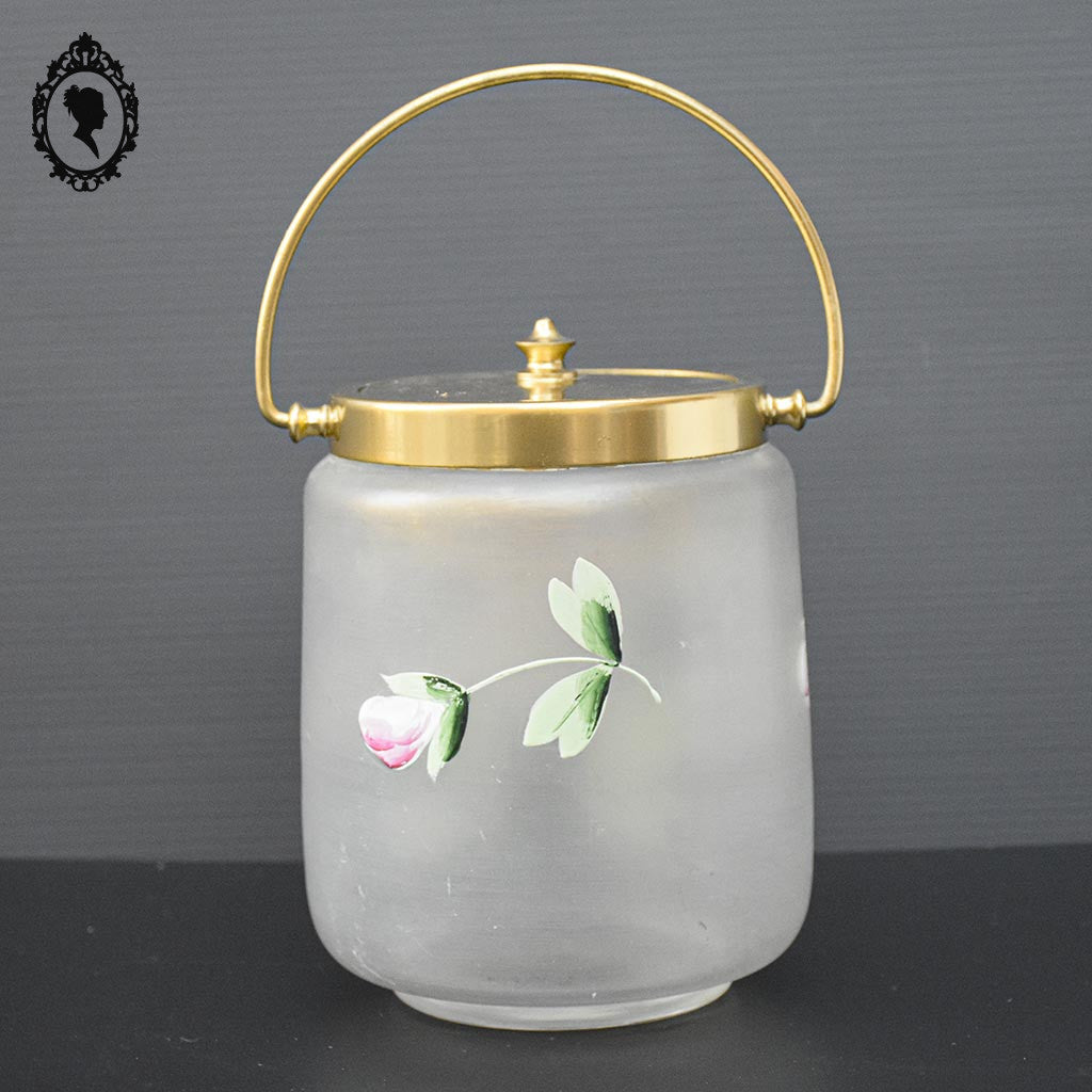 Sceau pot à biscuits verre mat fleur émaillée rose jaune vert ancien art nouveau