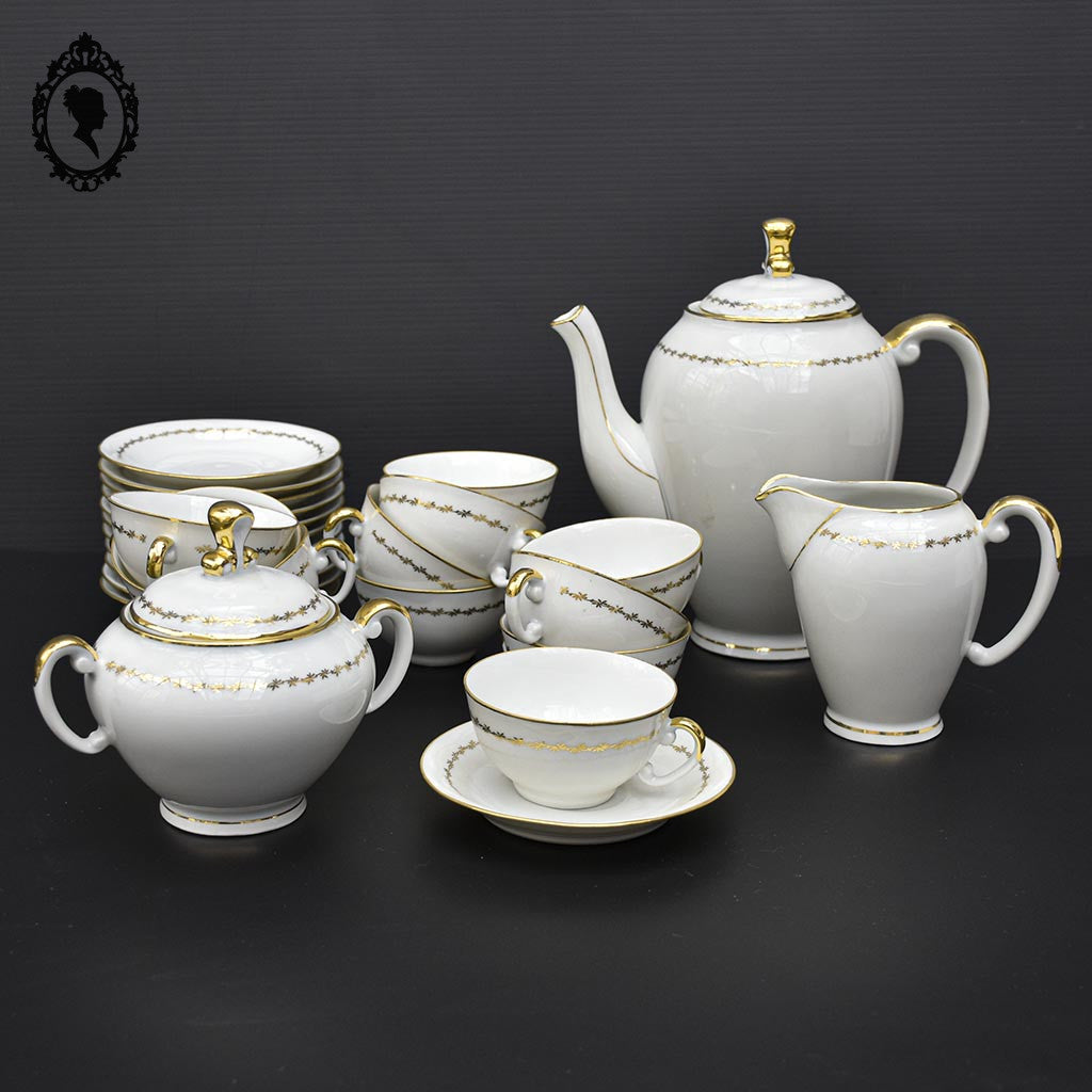 Service 12 tasses à café ou thé pot théière sucrier porcelaine S.E.R. Sélection France blanc doré