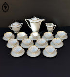 Service 12 tasses à café pots cafetière sucrier porcelaine fine UC Limoges blanc doré