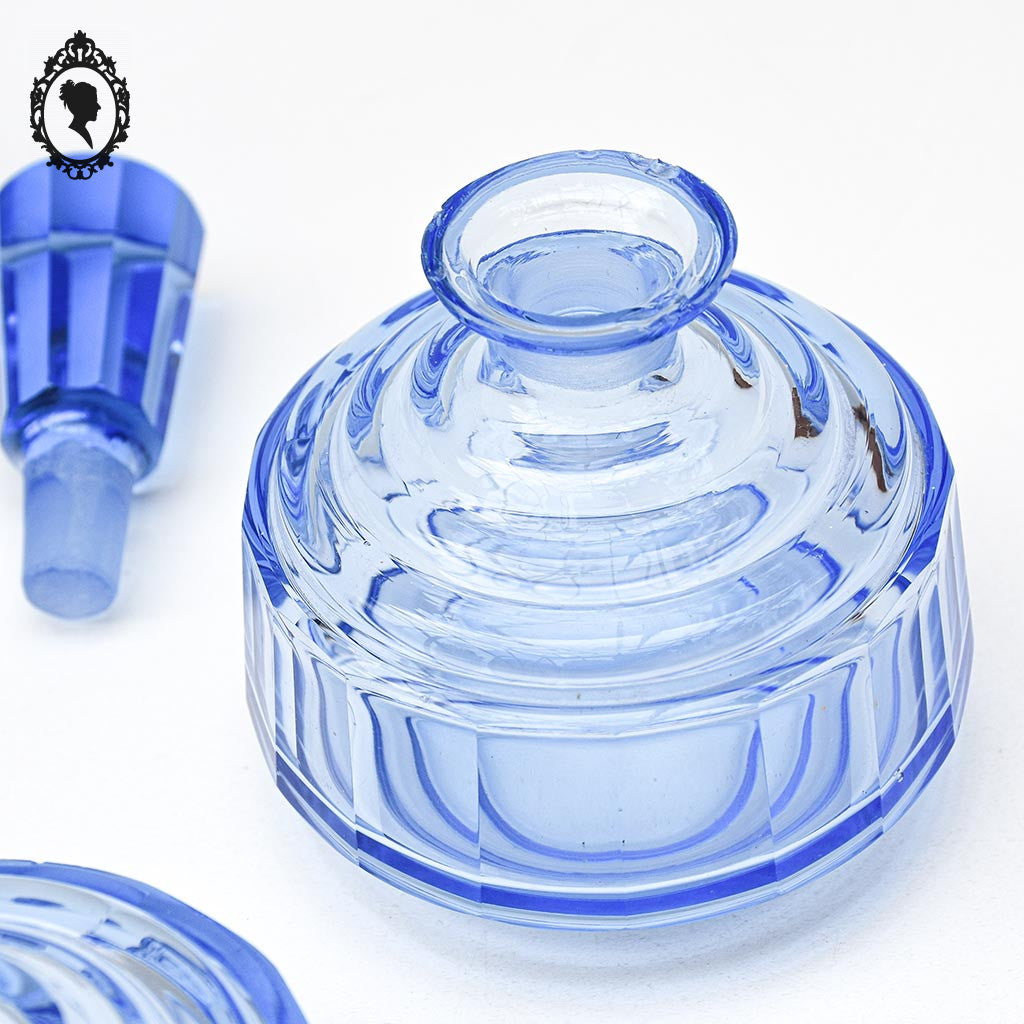 Service 3 garnitures de toilette bonbonnière flacon cristal bleu ancien Art déco