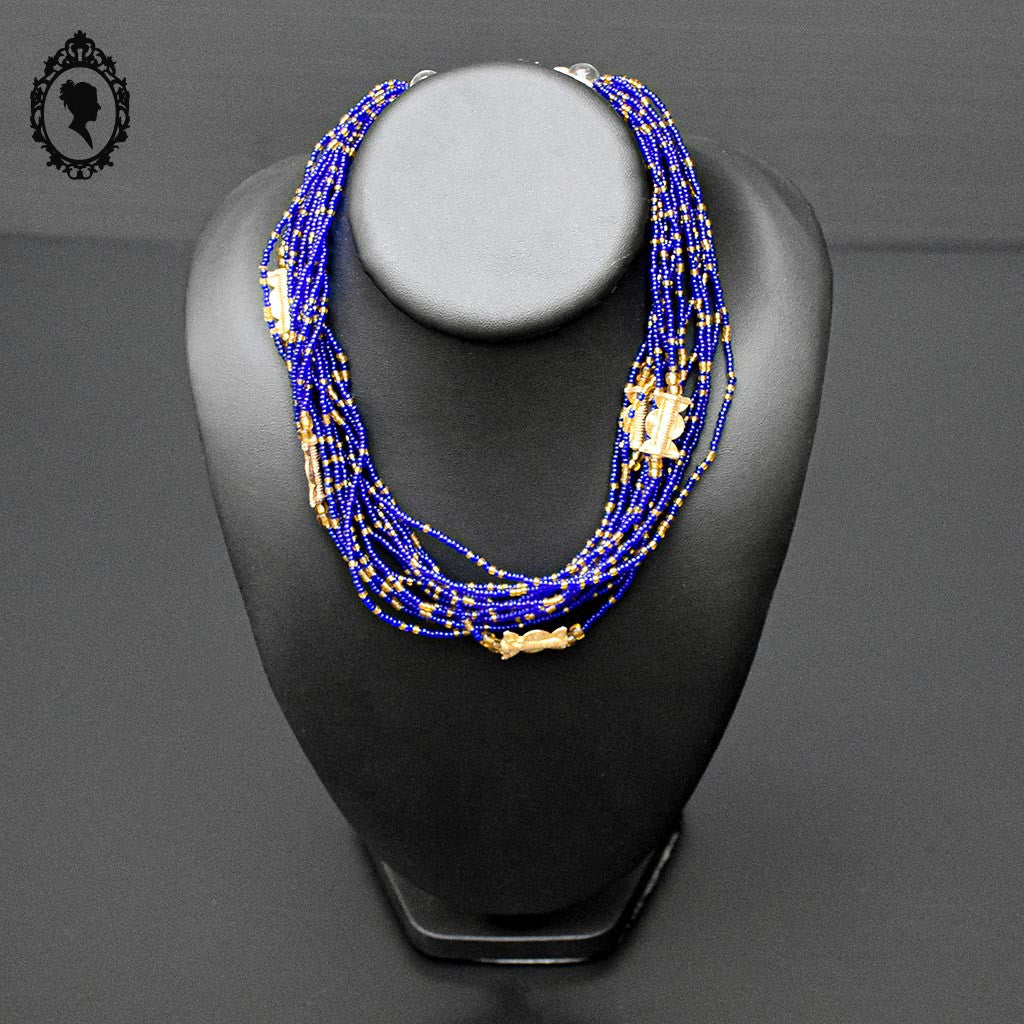 Superbe collier perles de rocaille coloré bleu doré 15 rangs vintage