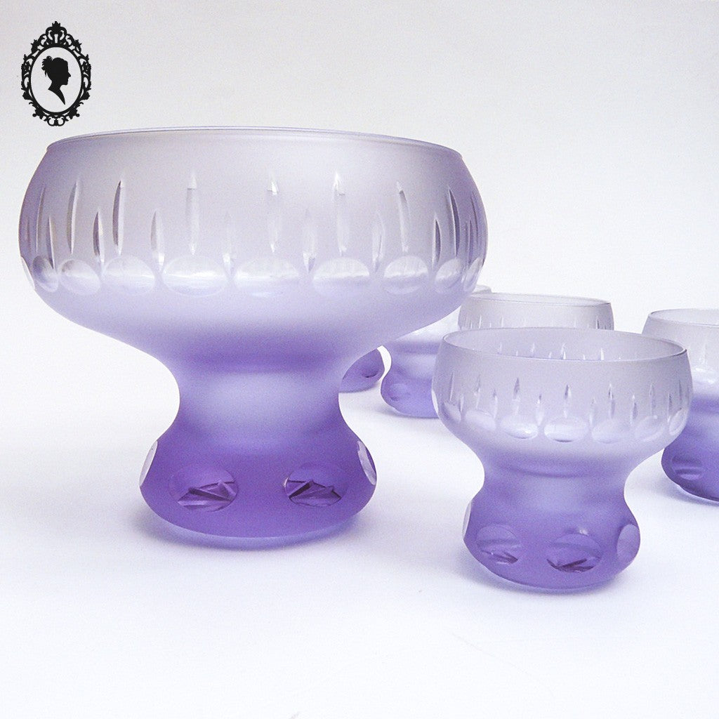 Rare service à dessert coupe et 5 coupelles en cristal violet ancien Art Déco