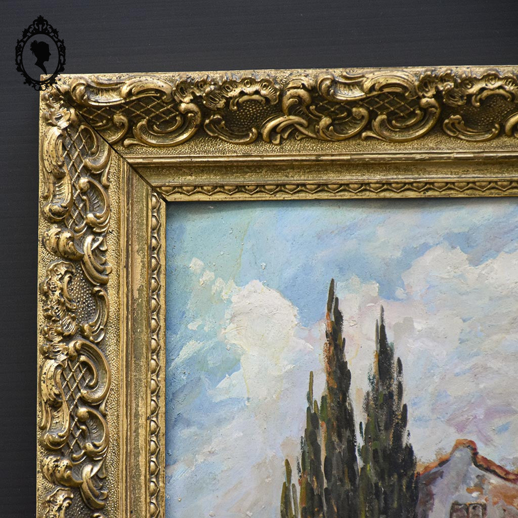 Tableau peinture à l’huile paysage mas Provence signé Guerard sur isorel vintage
