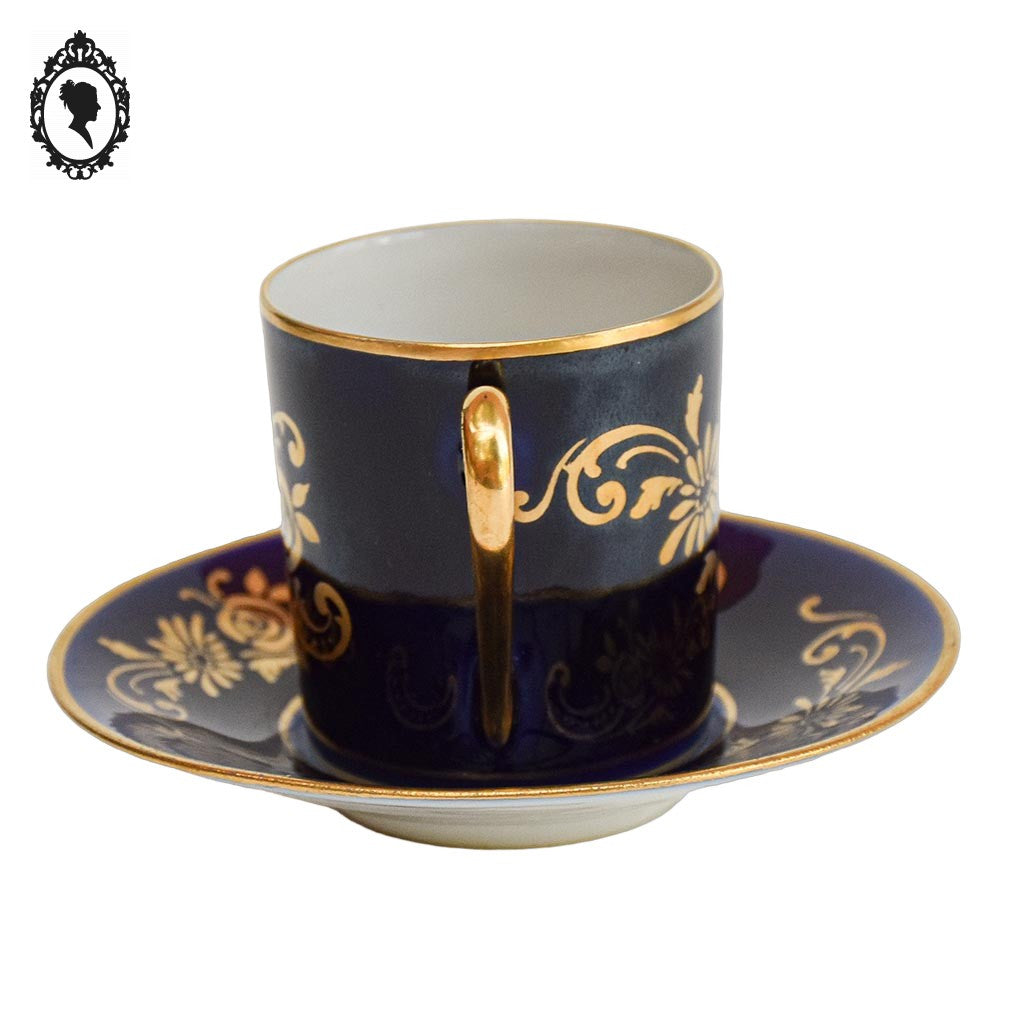 Tasse et sous tasse porcelaine bleu cobalt or Limoges