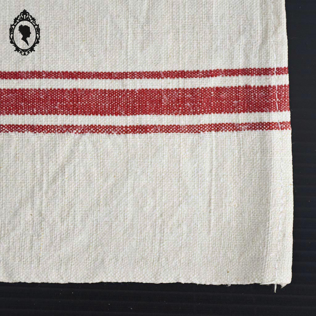 Torchon lin blanc cassé à liteau rouge vintage ancien