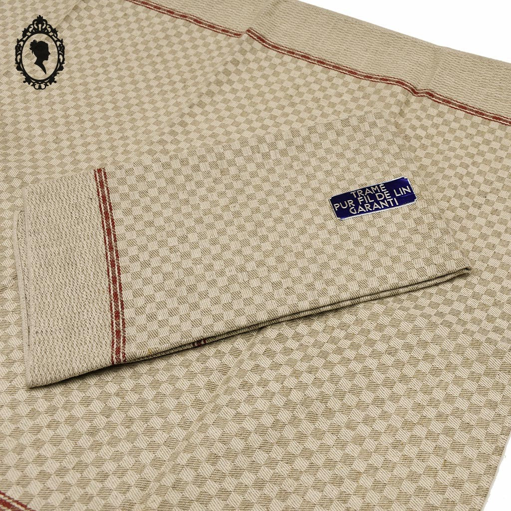 Torchon tramé pur fil de lin beige à liteau rouge ancien et Neuf
