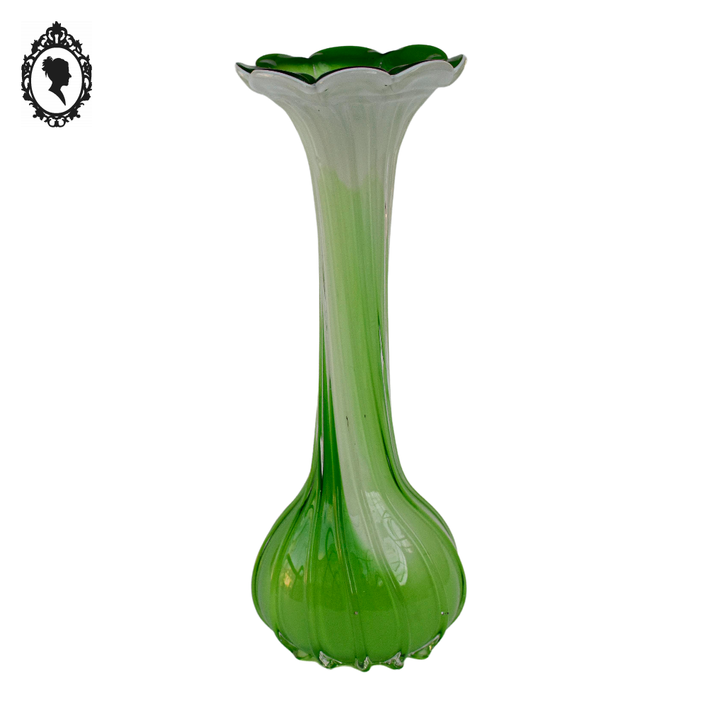 Vase soliflore forme fleur vert blanc verre style Murano