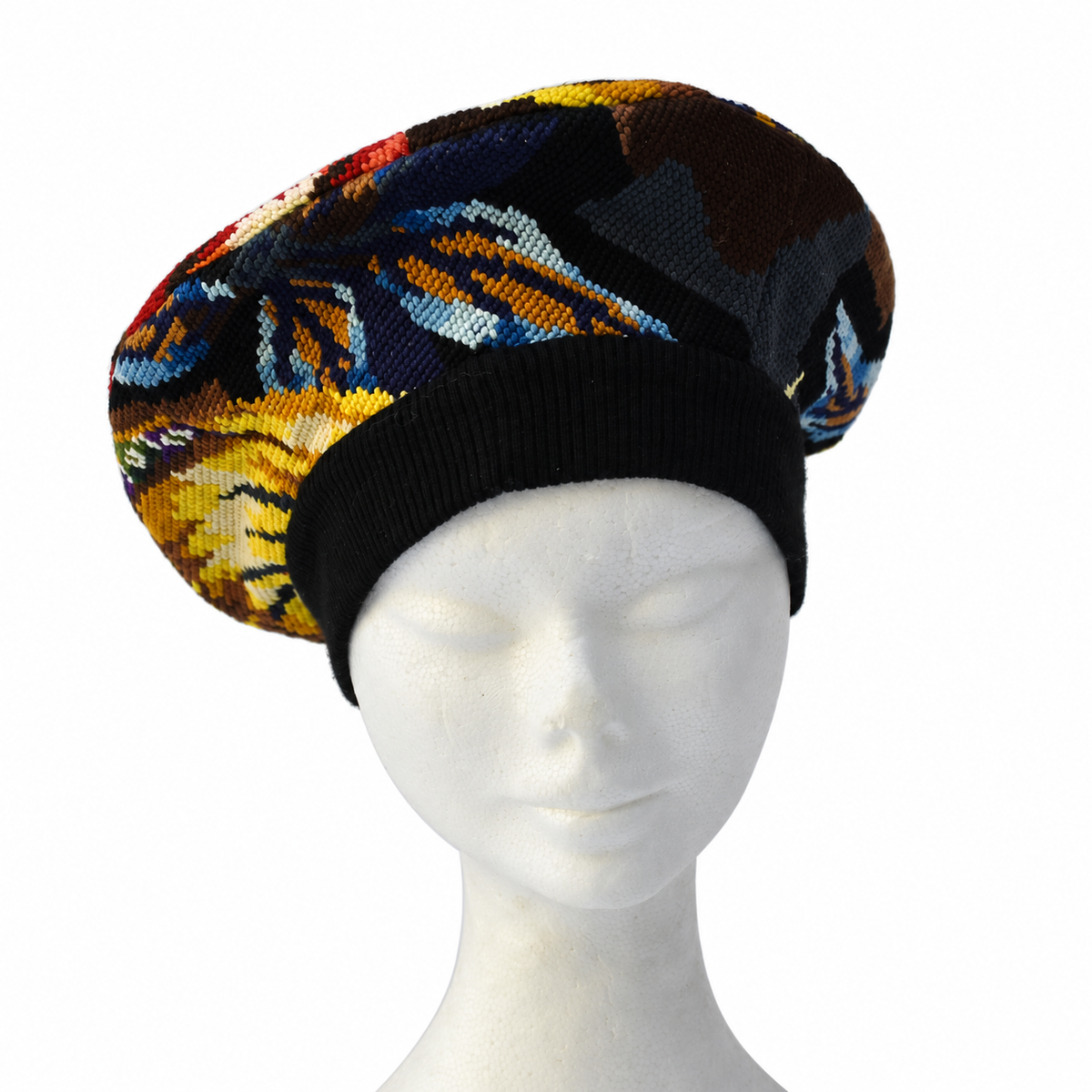 Béret multicolore en tapisserie vintage à motifs graphiques fait main style rétro