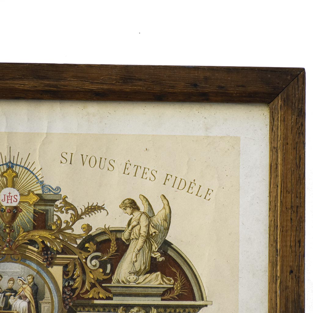 Cadre en bois avec un Souvenir certificat religieux de communion solennelle 1922 — Bouasse-Lebel