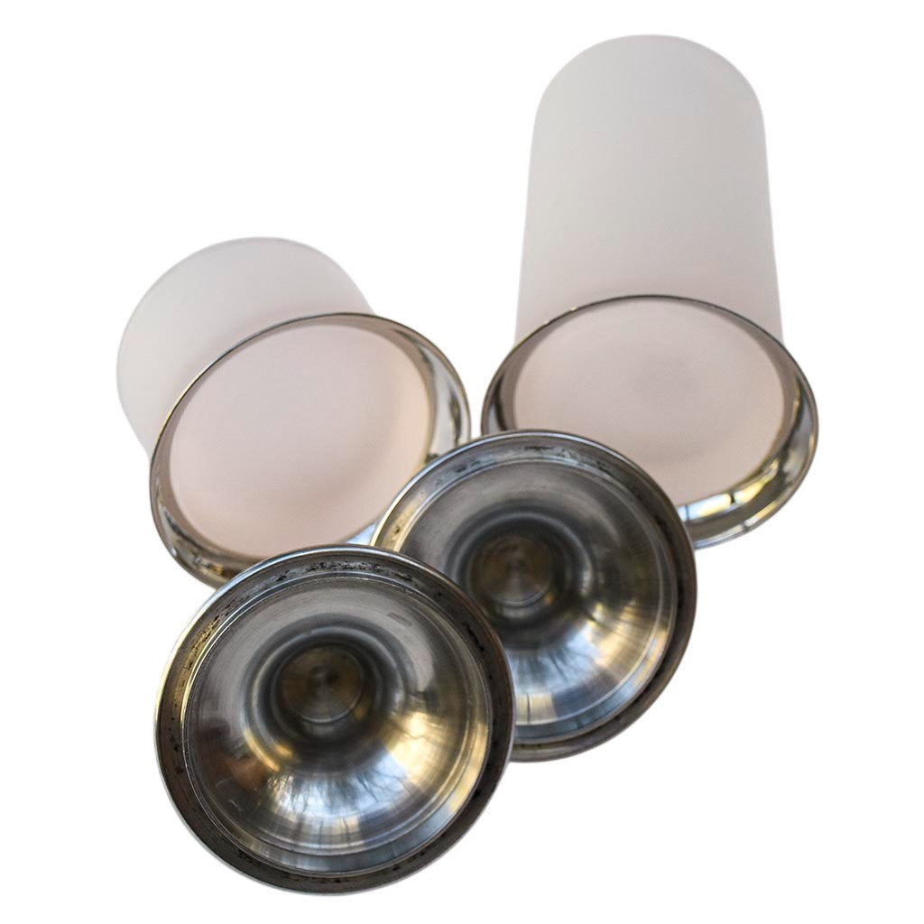 Duo de pots décoratifs bonbonnières verre mat rosé avec couvercle en étain vintage