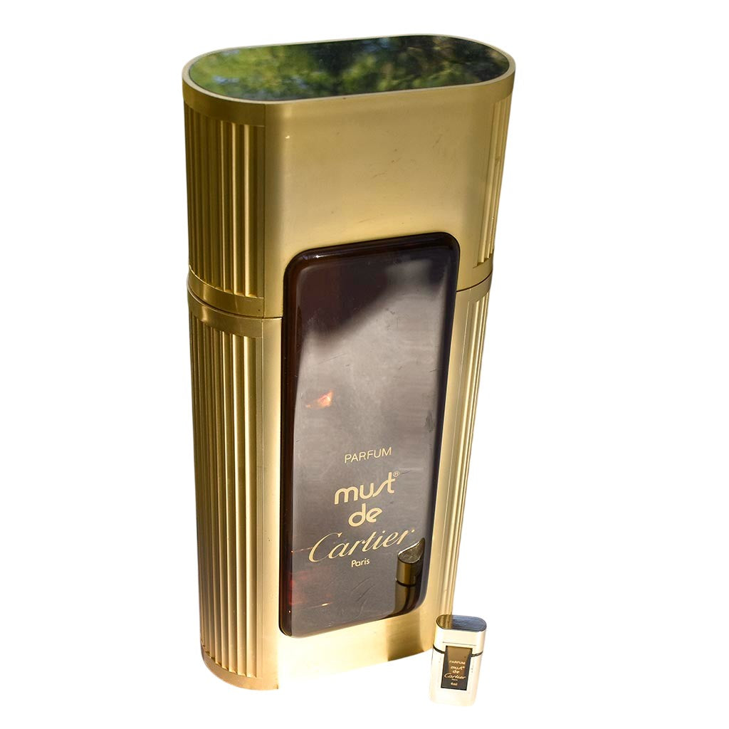 Flacon factice géant Must de Cartier 34,5 cm + miniature 4 ml vide pour collection