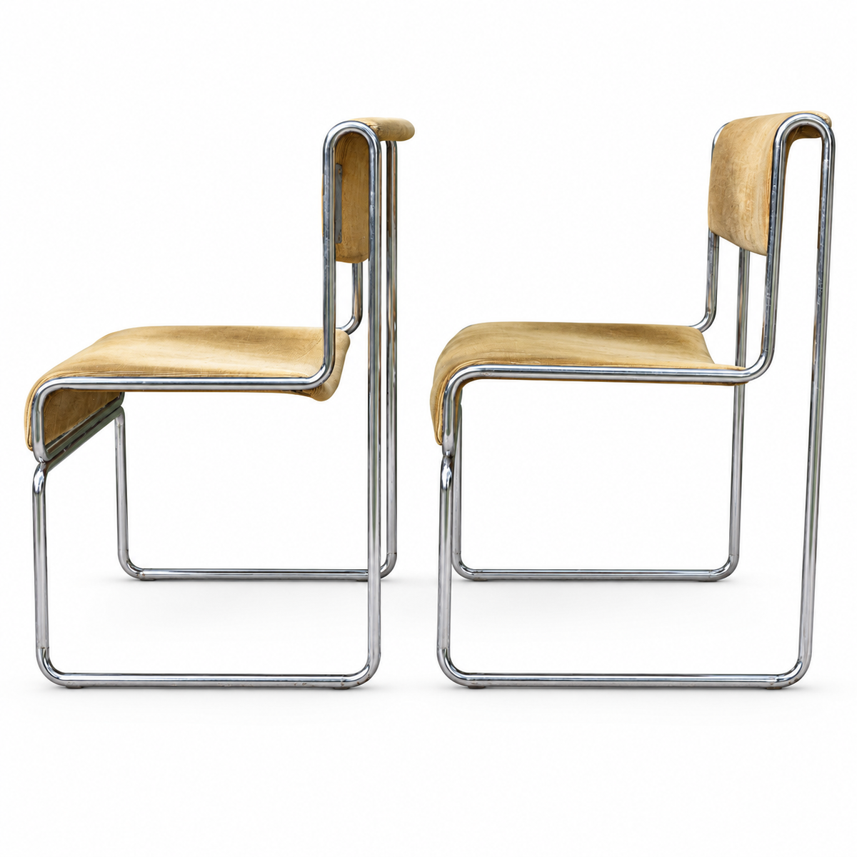 Paire de chaises traîneaux en velours côtelé ocre et métal tubulaire chromé vintage 1970