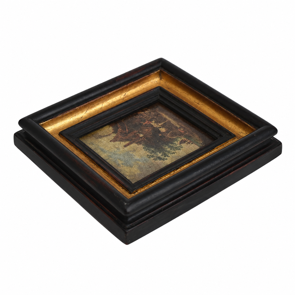 Petit tableau scène d’auberge – Cadre noir et doré bois vintage, style Napoléon III