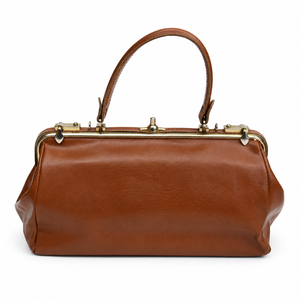 Sac à main vintage en cuir cognac à fermoir métallique et poches frontales