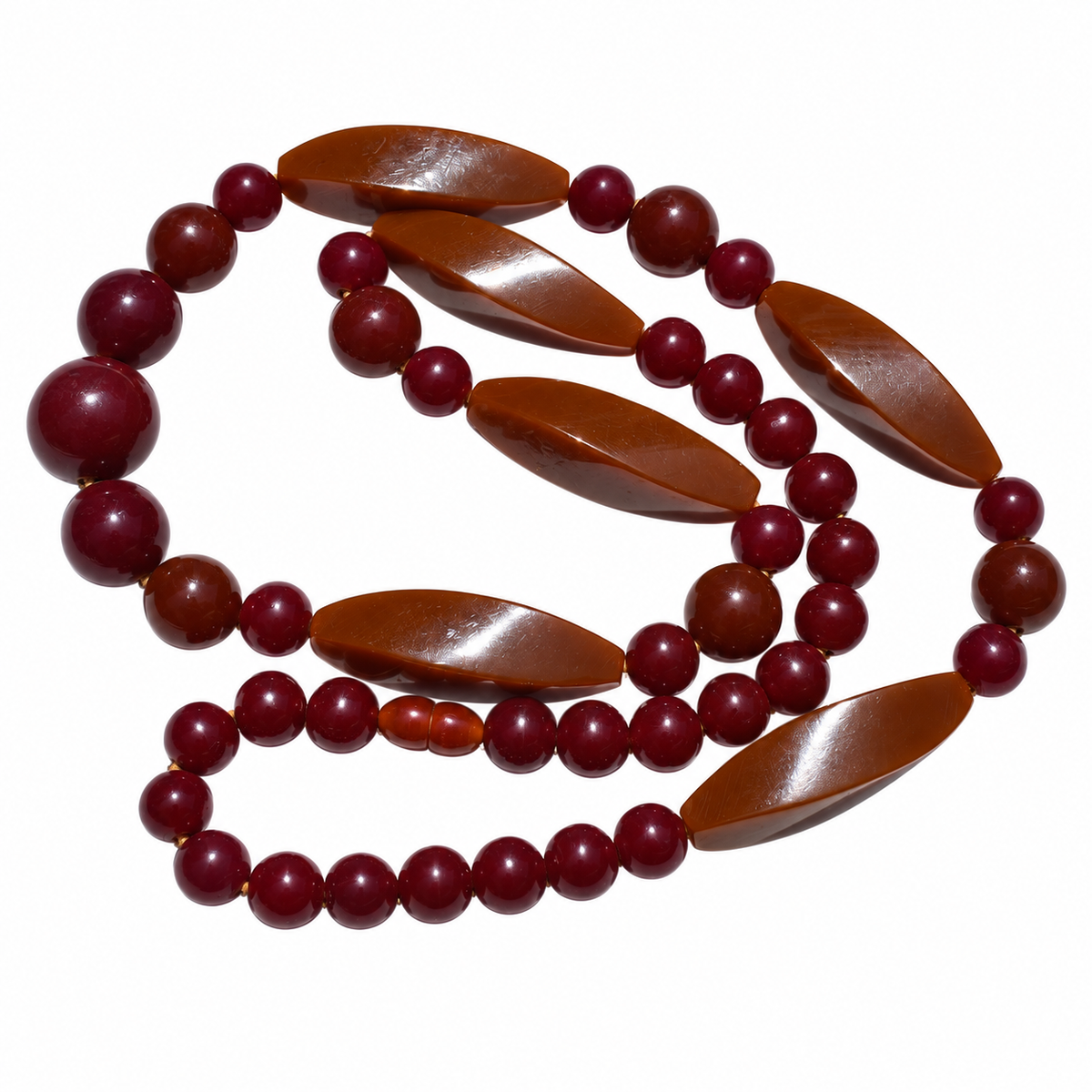 Sautoir perles en bakélite bordeaux et caramel – Art déco, 79,5 cm ancien vintage