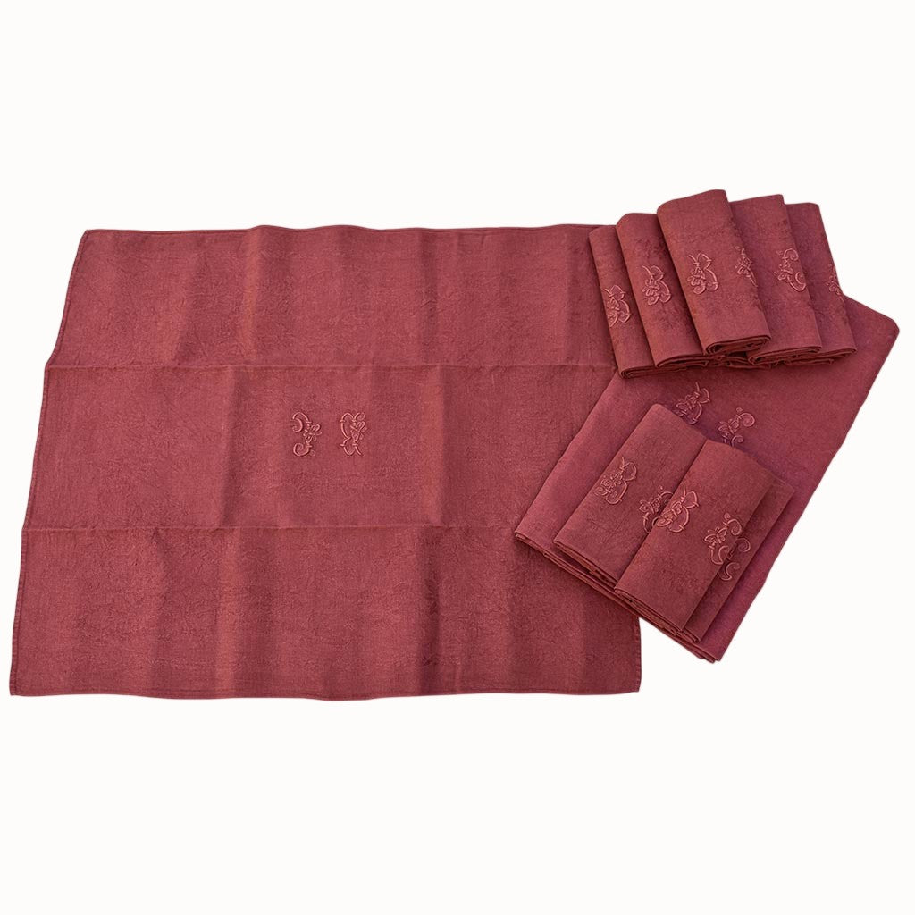 Service de table ancien damassé terracotta – Nappe et 10 serviettes monogrammes BG coton et lin