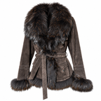 Superbe veste Oakwood en daim cuir marron et fourrure cintrée et ceinturée taille S