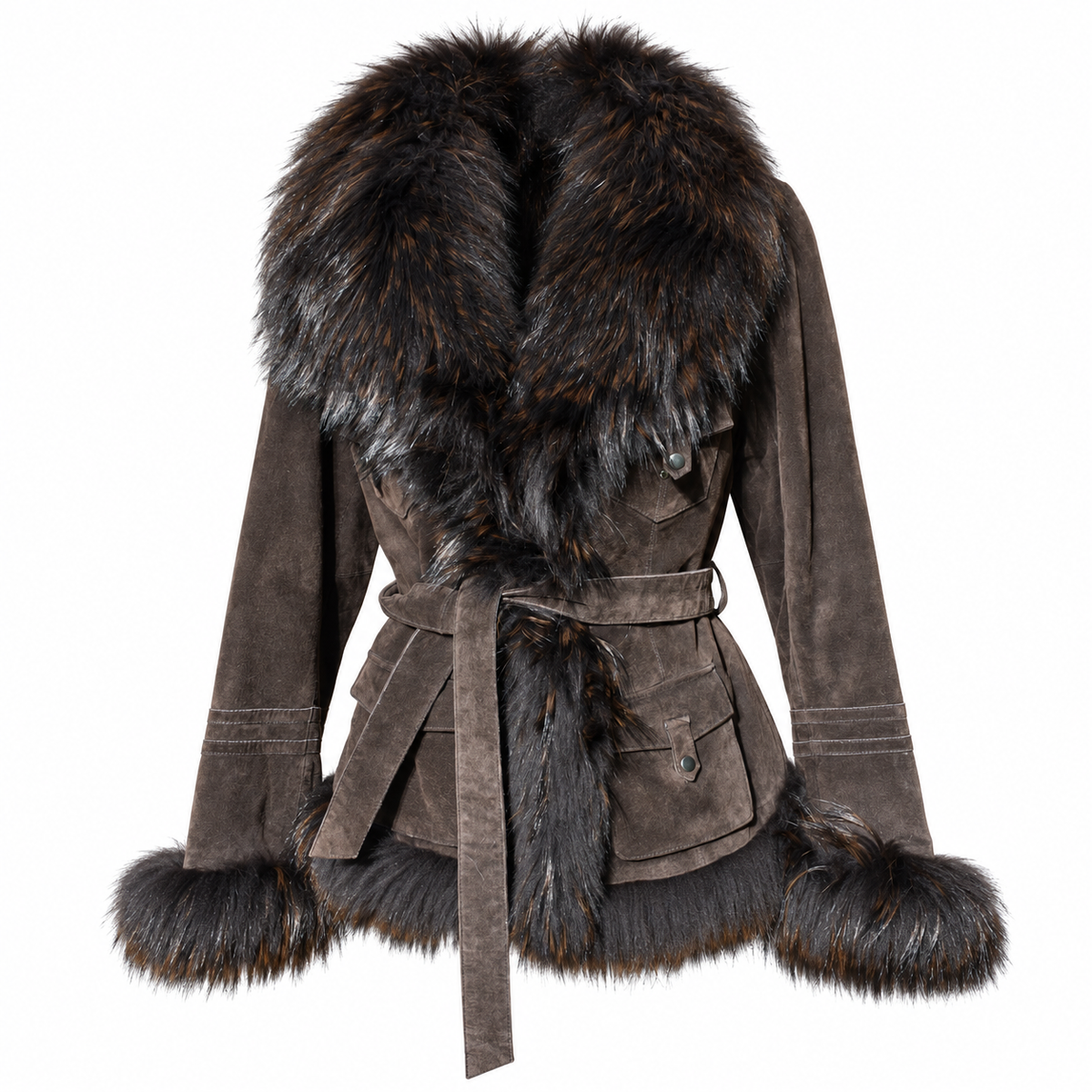 Superbe veste Oakwood en daim cuir marron et fourrure cintrée et ceinturée taille S