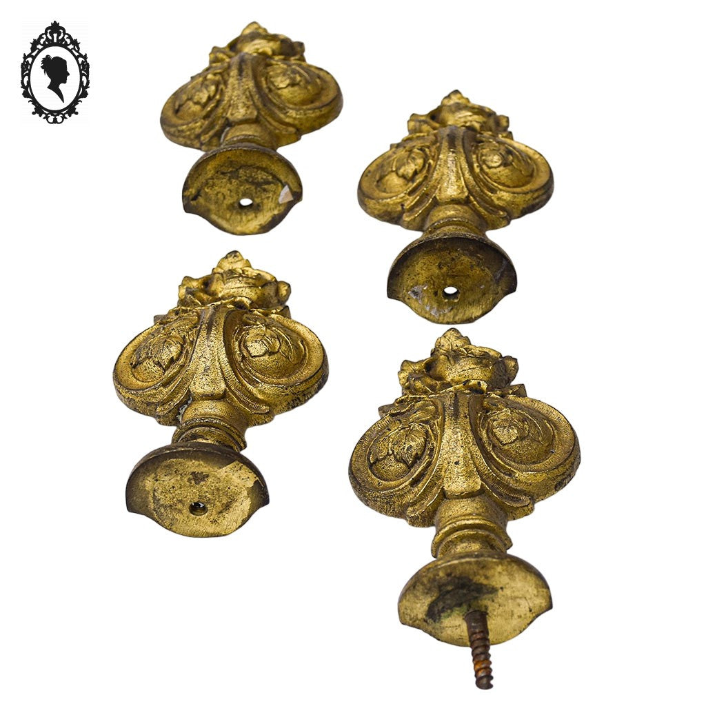 2 paires d’embouts de rideau anciens ornementations rose feuillage Art déco bronze doré