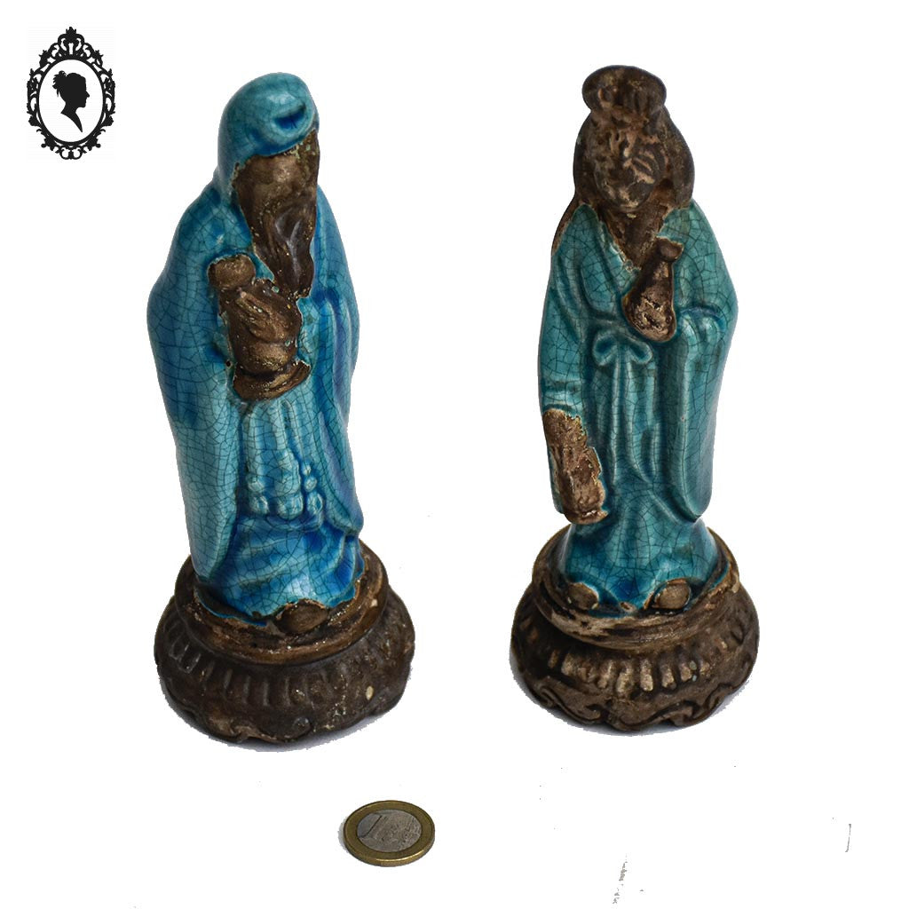 Paire de statues asiatiques Vietnam d’un couple en grès vernissé bleue milieu XX