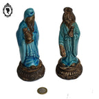 Paire de statues asiatiques Vietnam d’un couple en grès vernissé bleue milieu XX