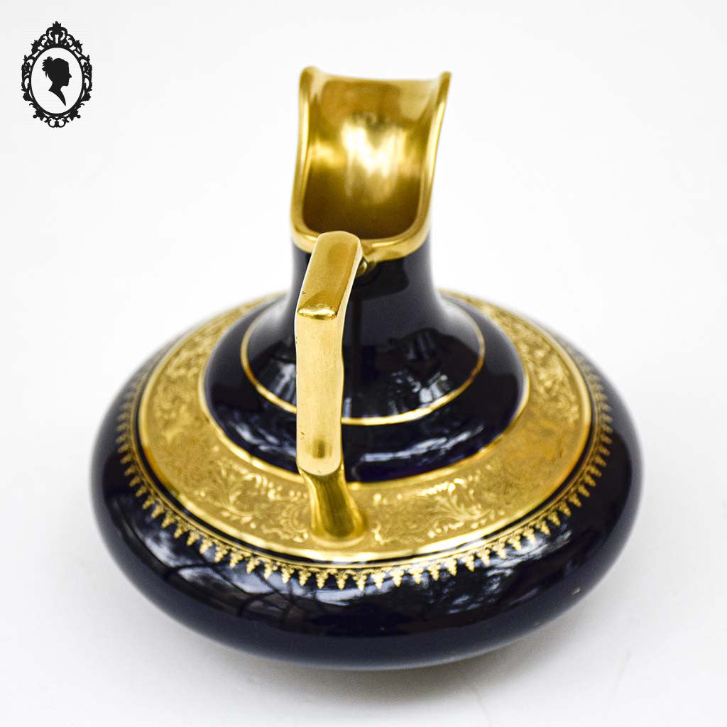 Aiguière saucière vase pot en porcelaine de Limoges bleu cobalt doré