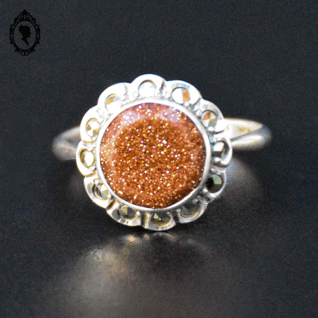 Bague argent pierre orange gold stone marcassites T 54 ancienne vintage