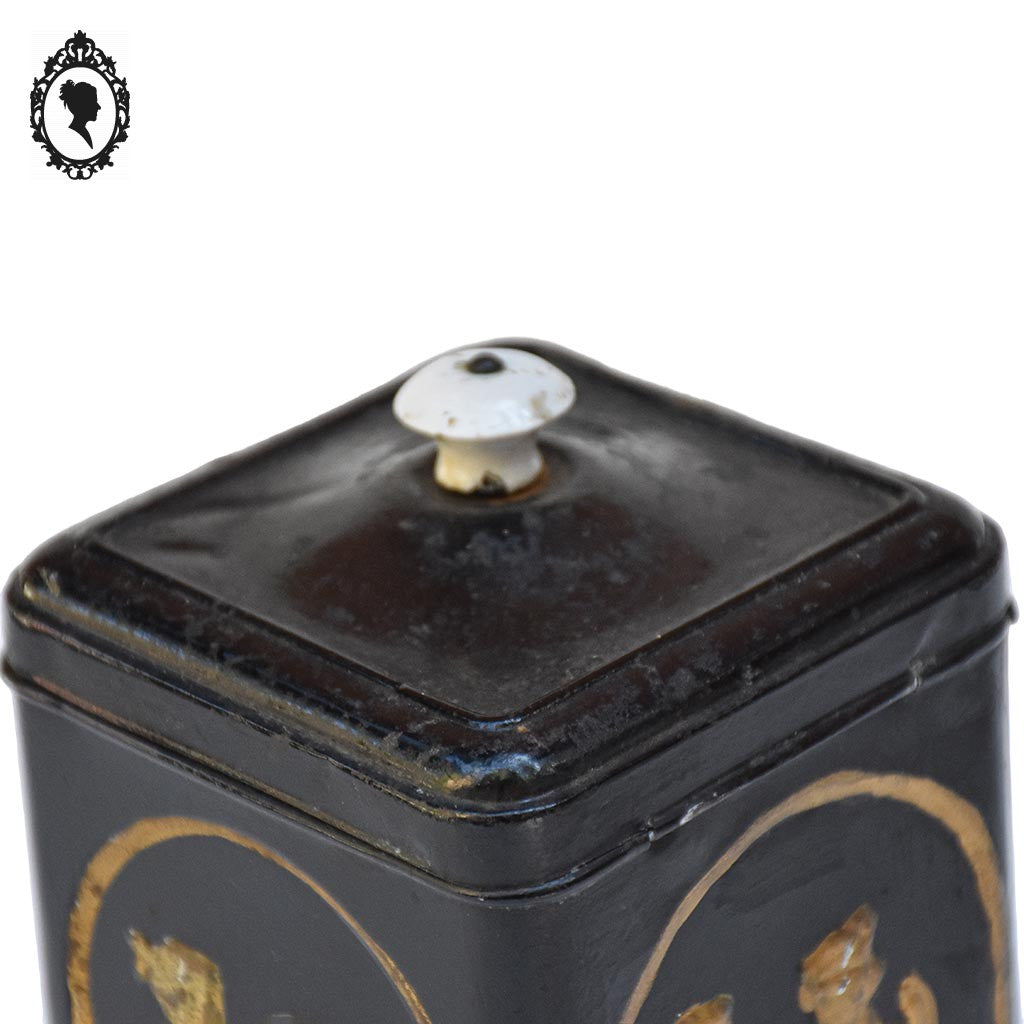 Boite ancienne à biscuits ou autre en fer art déco Art nouveau noir doré poignée porcelaine collection