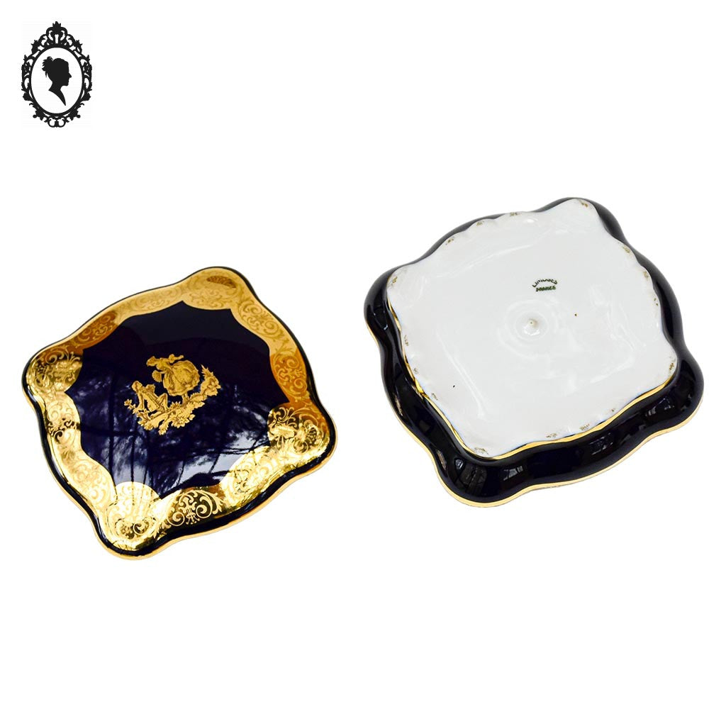 Bonbonnière boite à bijoux bleu de four doré or porcelaine Limoges