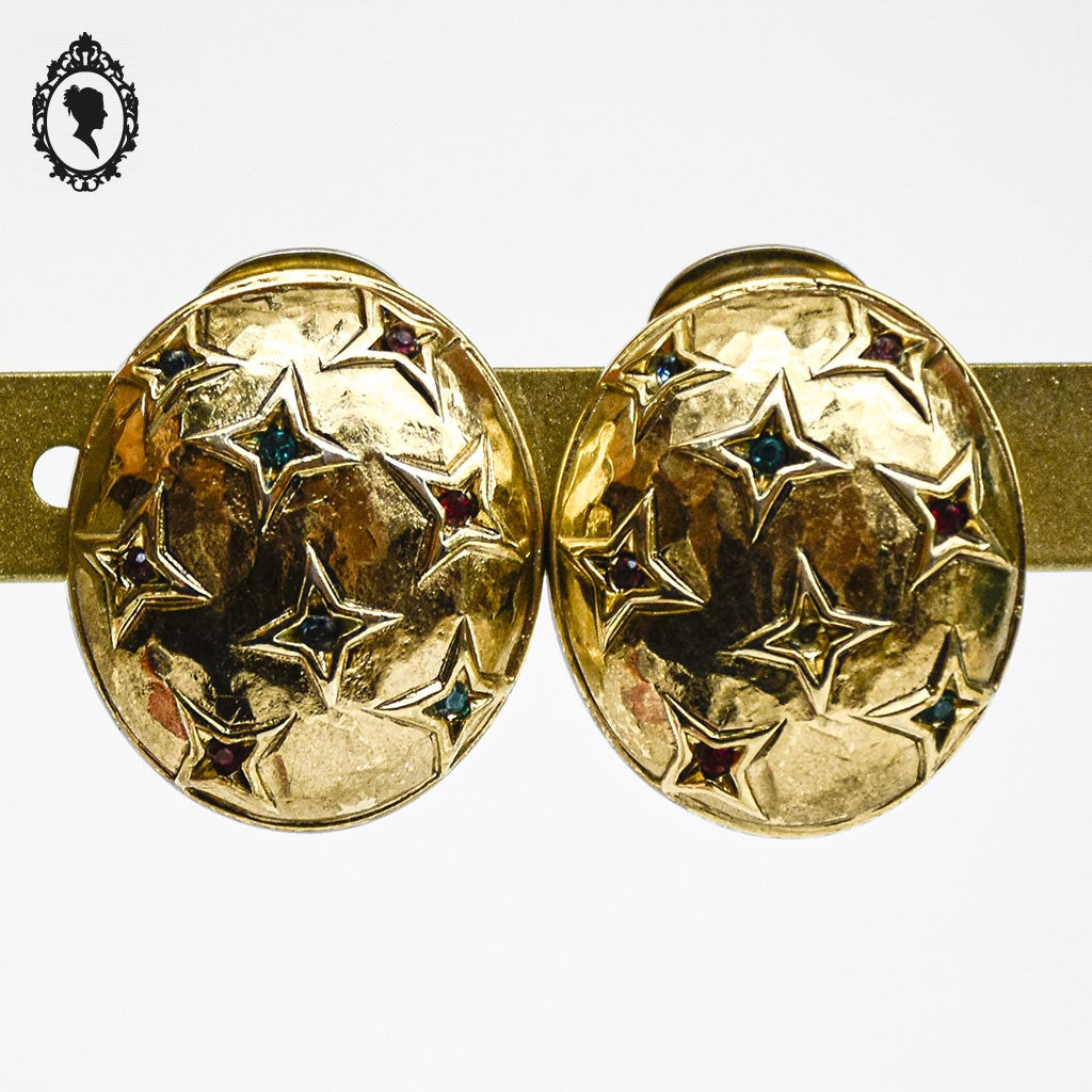 Boucles d’oreille boule ovale dorée étoiles et strass à clip vintages