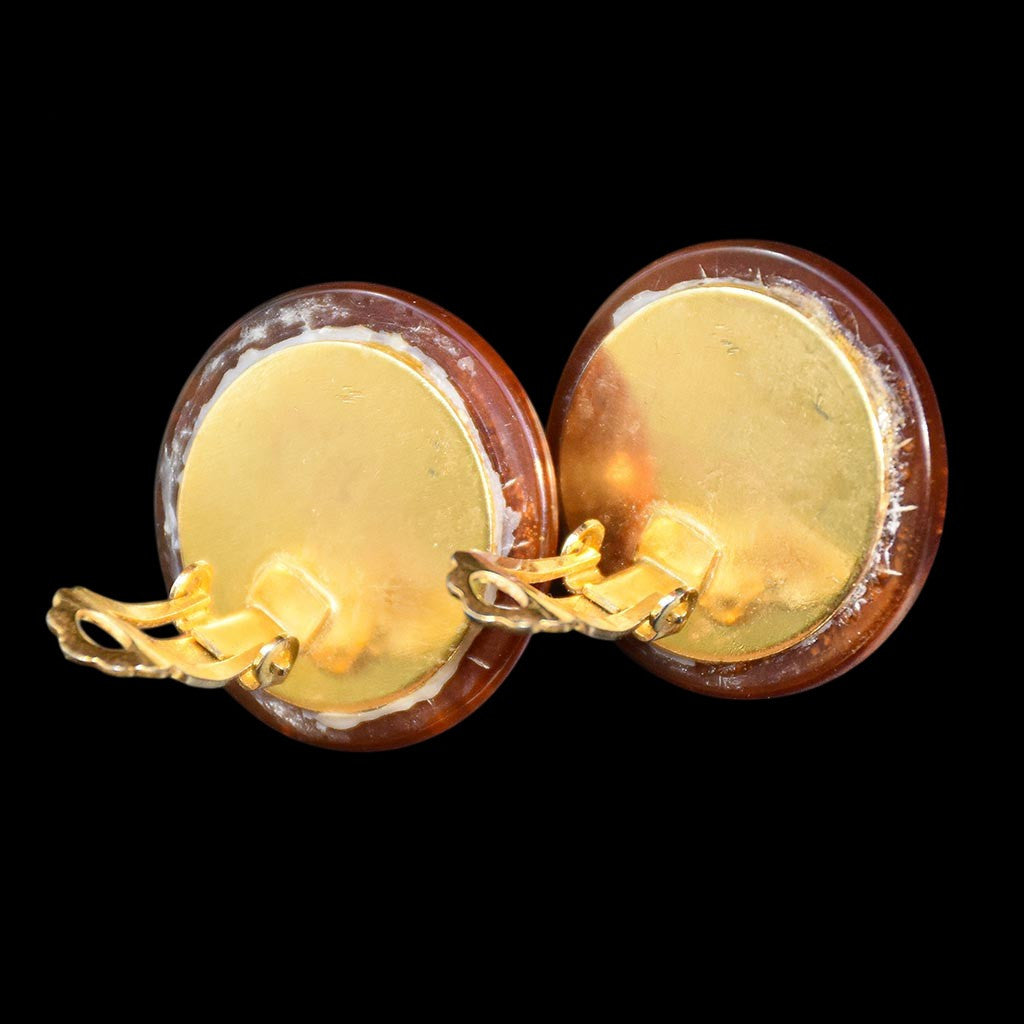 Boucles d’oreilles clips résine marron doré style ambre rondes vintages