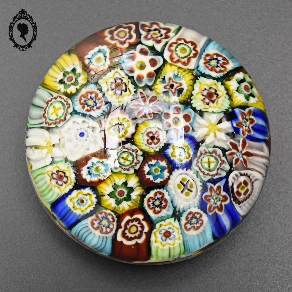 Boule sulfure mille fleurs Millefiori presse papier en verre polychrome vintage