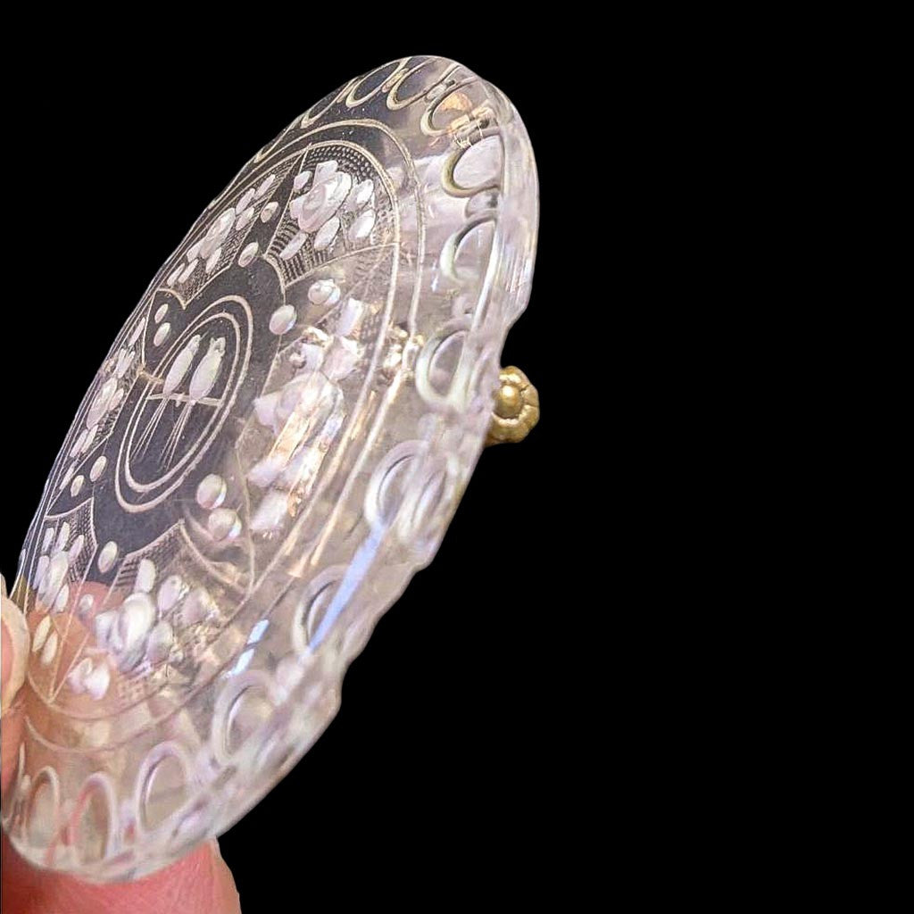 Broche ronde en lucite plexi motifs fleurs et oiseaux Art Nouveau Déco ancienne