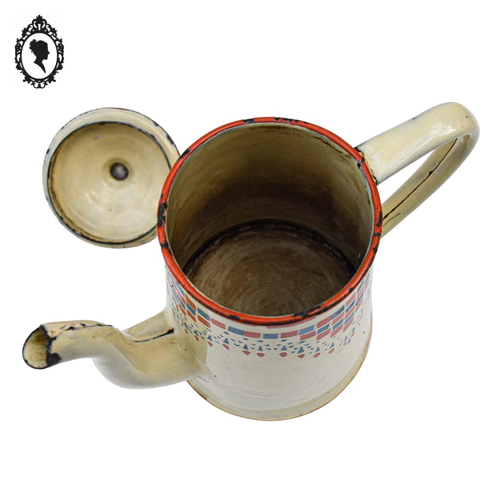 Cafetière émaillée ancienne beige bleu rouge orangé style Lustucru objet de cuisine vintage