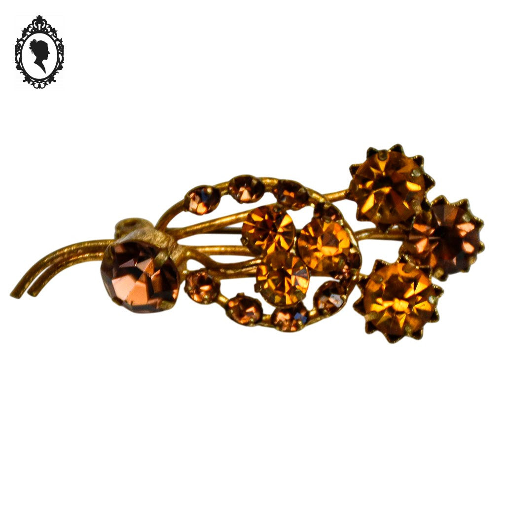 Chic broche fleurie avec strass verroterie orange beige en métal doré vintage ancien