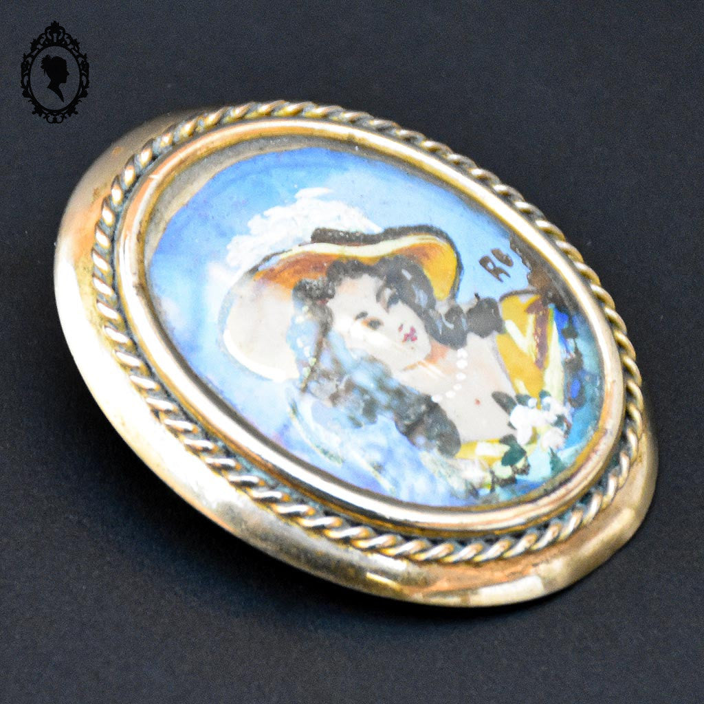 Chic broche peinture ovale portrait signée RC et laiton doré bijoux ancien vintage