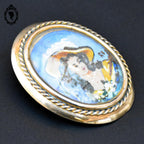 Chic broche peinture ovale portrait signée RC et laiton doré bijoux ancien vintage