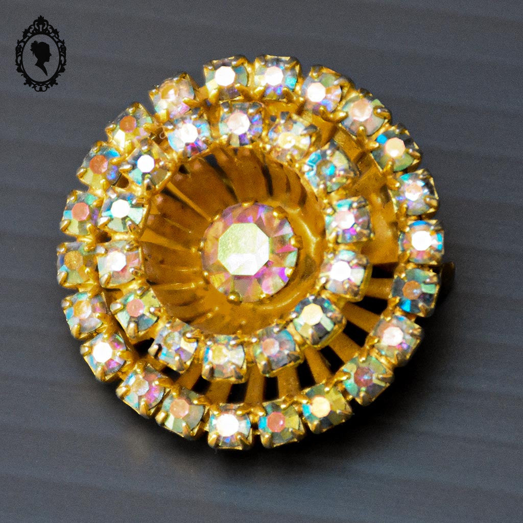 Chic broche strass cristal aurore boréale multi couleur ronde métal doré bijoux ancien vintage