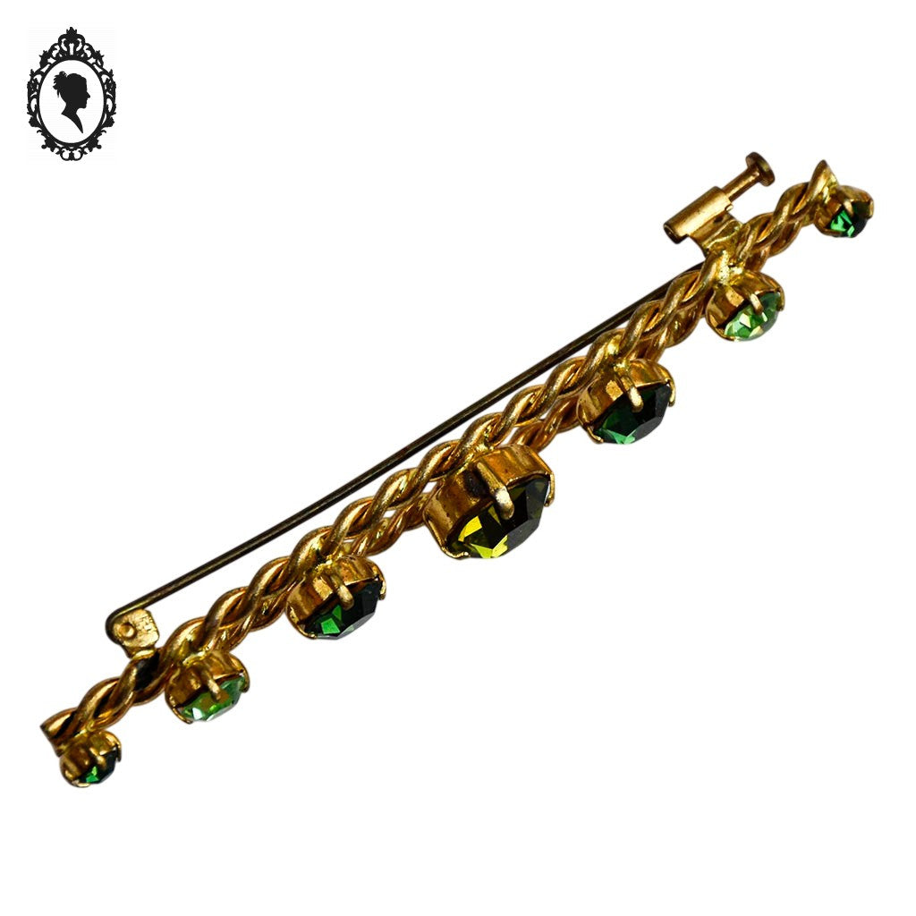 Chic longue broche strass verroterie vert en métal doré vintage ancien