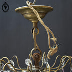 Chic lustre à pampilles bronze doré 6 feux enfilage verre ancien